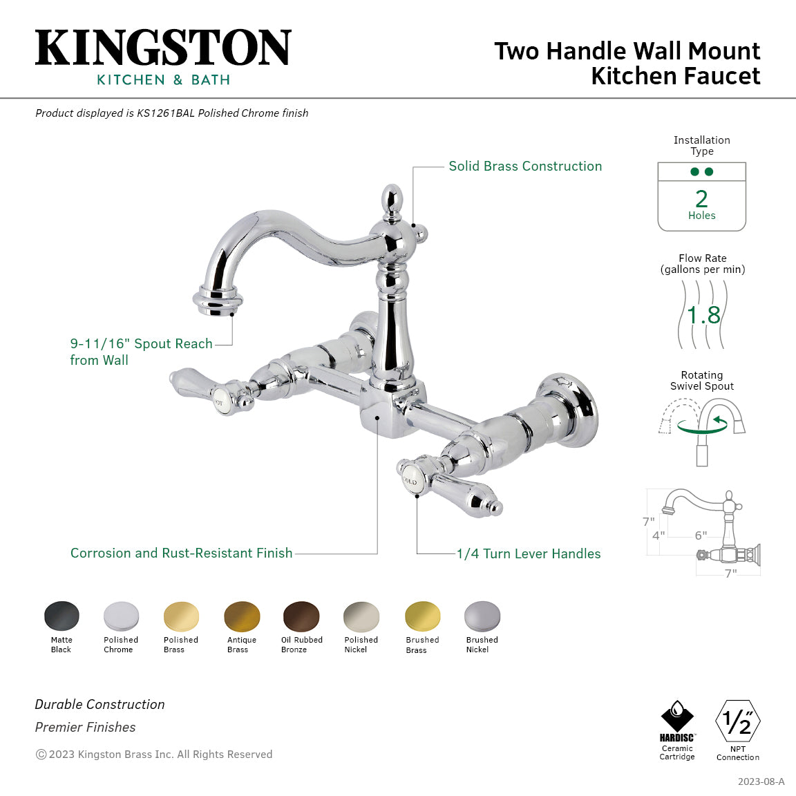 Kingston Heirloom KS1261BAL - Heirloom Two-Handle 2-Hole Wall Mount Bridge Kitchen Faucet, Polished Chrome — thumbnail 3